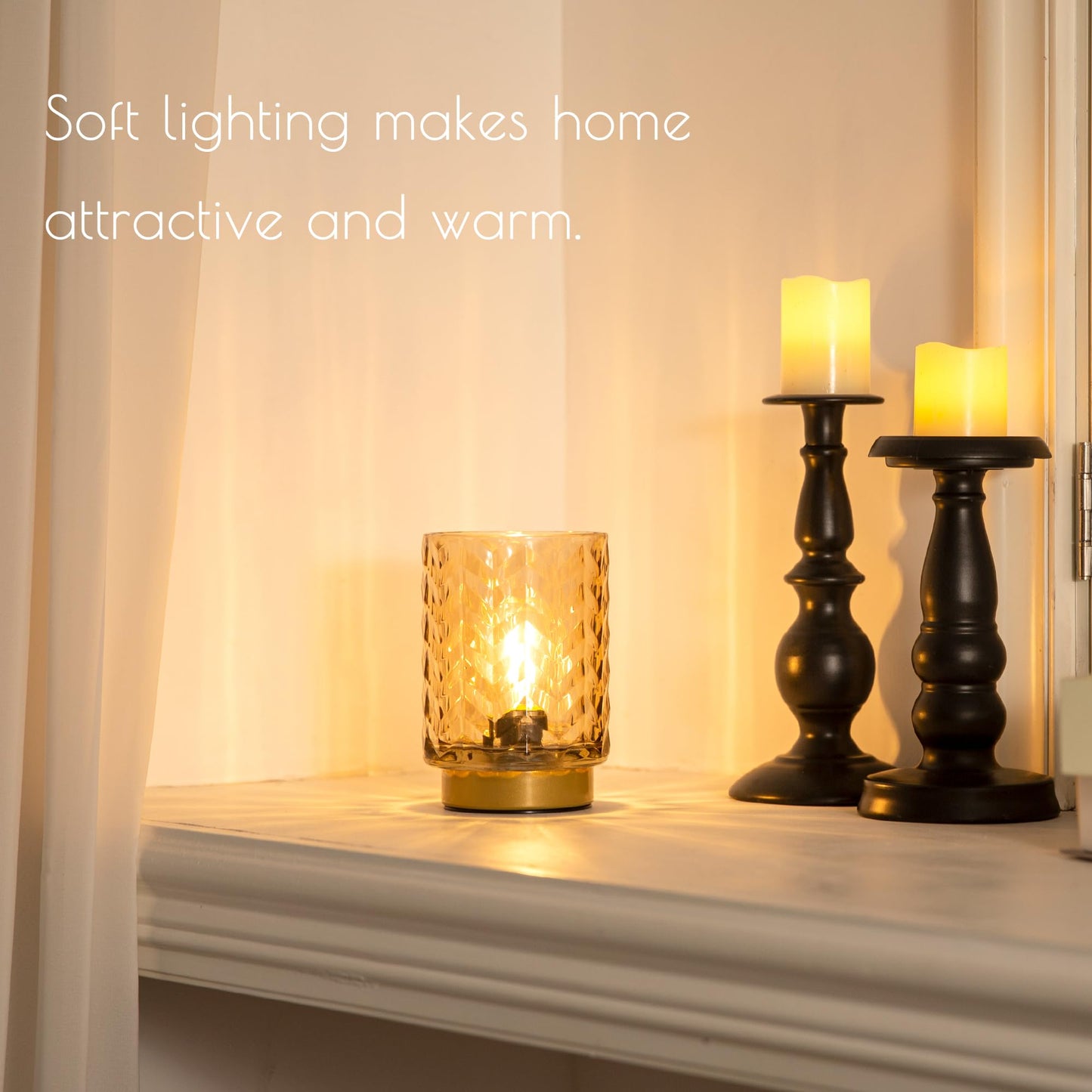 LUSHARBOR Battery Operated Lamp with Timer, Small Decorative Table Lamp Ambient, Glass Cordless Lamps Bedside Battery Powered Lamp for Bookshelf, Entryway Wave Design-Amber