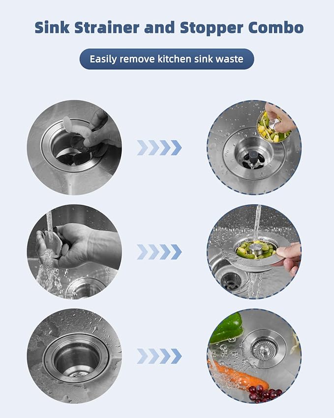Hygie Rinse 3-in-1 Kitchen Sink Strainer Stopper Combo All Metal Stainless Pop