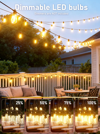 Jerritte 60FT LED Outdoor String Lights with 16+1 Edison Shatterproof IP65 Waterproof Bulbs, 2700K Dimmable Commercial Grade Patio Lights for Garden, Porch, Deck Decor