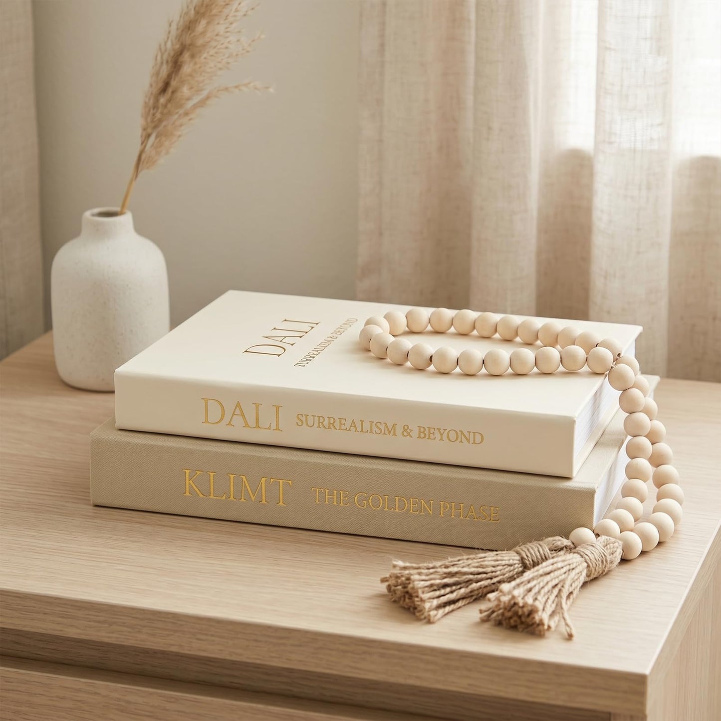 Fveuc 3-Piece Decorative Books for Home Decor with Wood Bead Garland - Stackable Linen Faux Book Box for Coffee Table Styling, Real Fabric Cover Fake Books with Tassel as Display Riser for Shelf