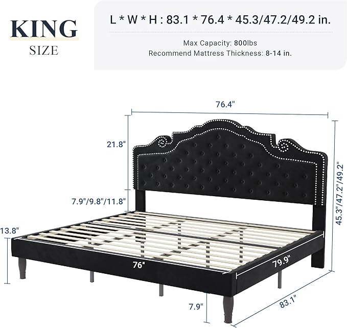 Allewie King Bed Frame with Adjustable Velvet Tiara Headboard, Upholstered