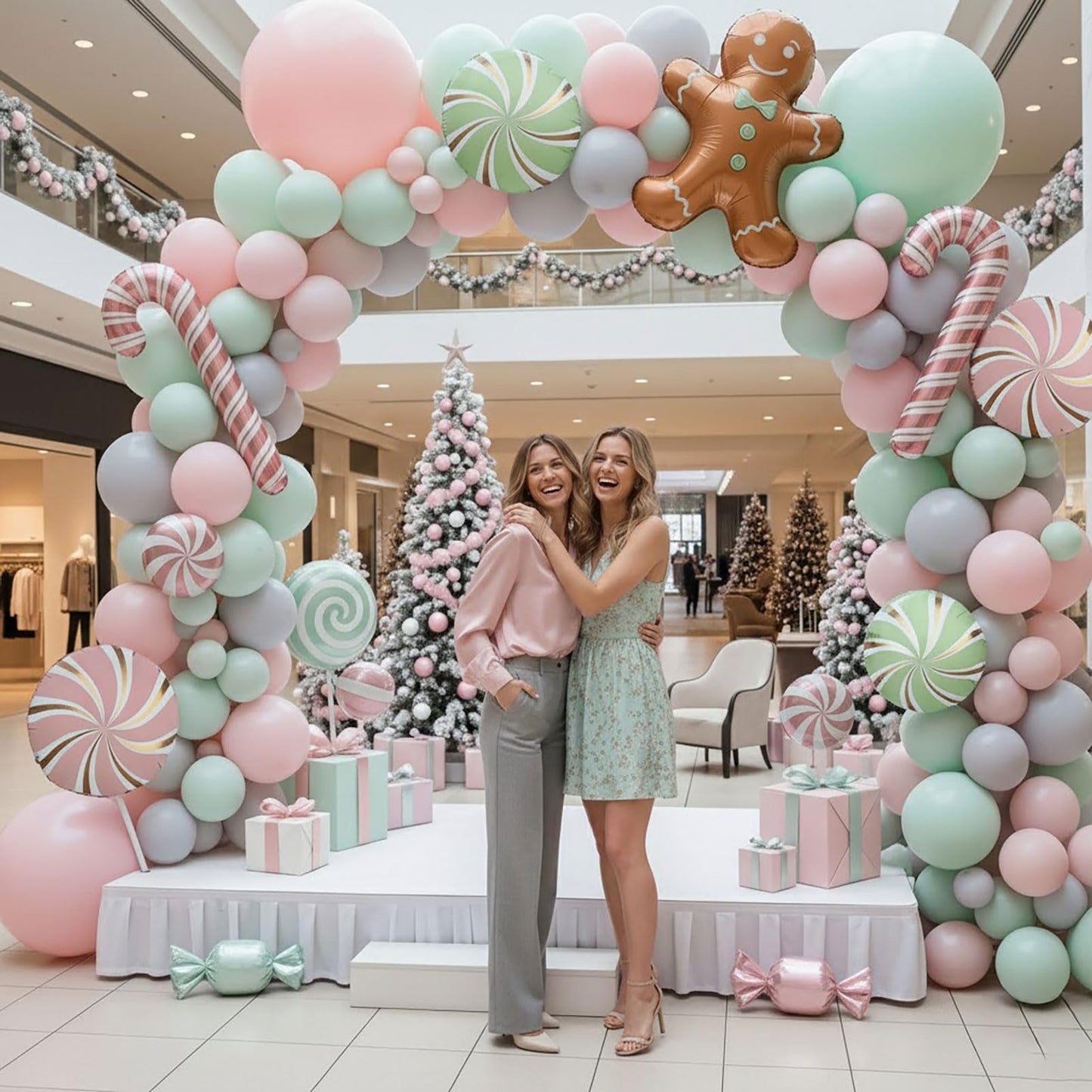 Christmas Balloon Garland Arch kit green pink balloon with Gingerbread Balloon Cane Candy Foil Balloons for friendsmas Party Decorations Xmas New Year cookie Birthday Party Supplies globos de navidad