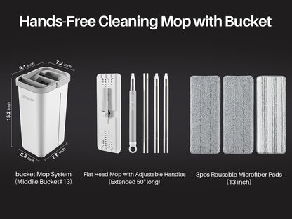 JOYMOOP Mop and Bucket with Wringer Set, Hands Free Flat Floor Mop and Bucket, with 3 Washable Microfiber Pads, Wet and Dry Use, Floor Cleaning System