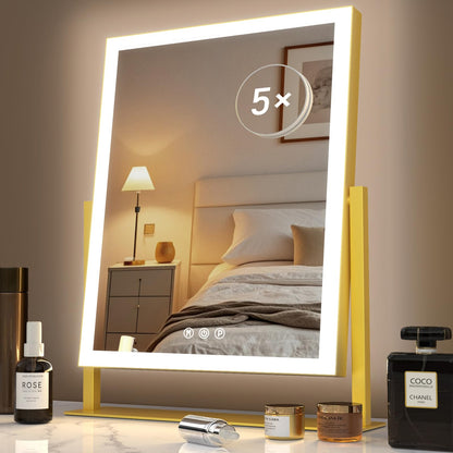 Lighted Makeup Mirror, 17.2"x13.6" Hollywood Vanity Mirror with Lights, Three Color Modes, Smart Touch Control, 360°Rotation,with 5X Magnifying Glass
