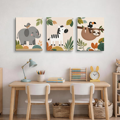 TYPTEK Nursery Wall Art Decor Set of 3,Boho Jungle Animals Whimsical & Educational Canvas Prints for Kids Room Playroom Baby Bedroom, Framed Ready to Hang,16x12 Inch