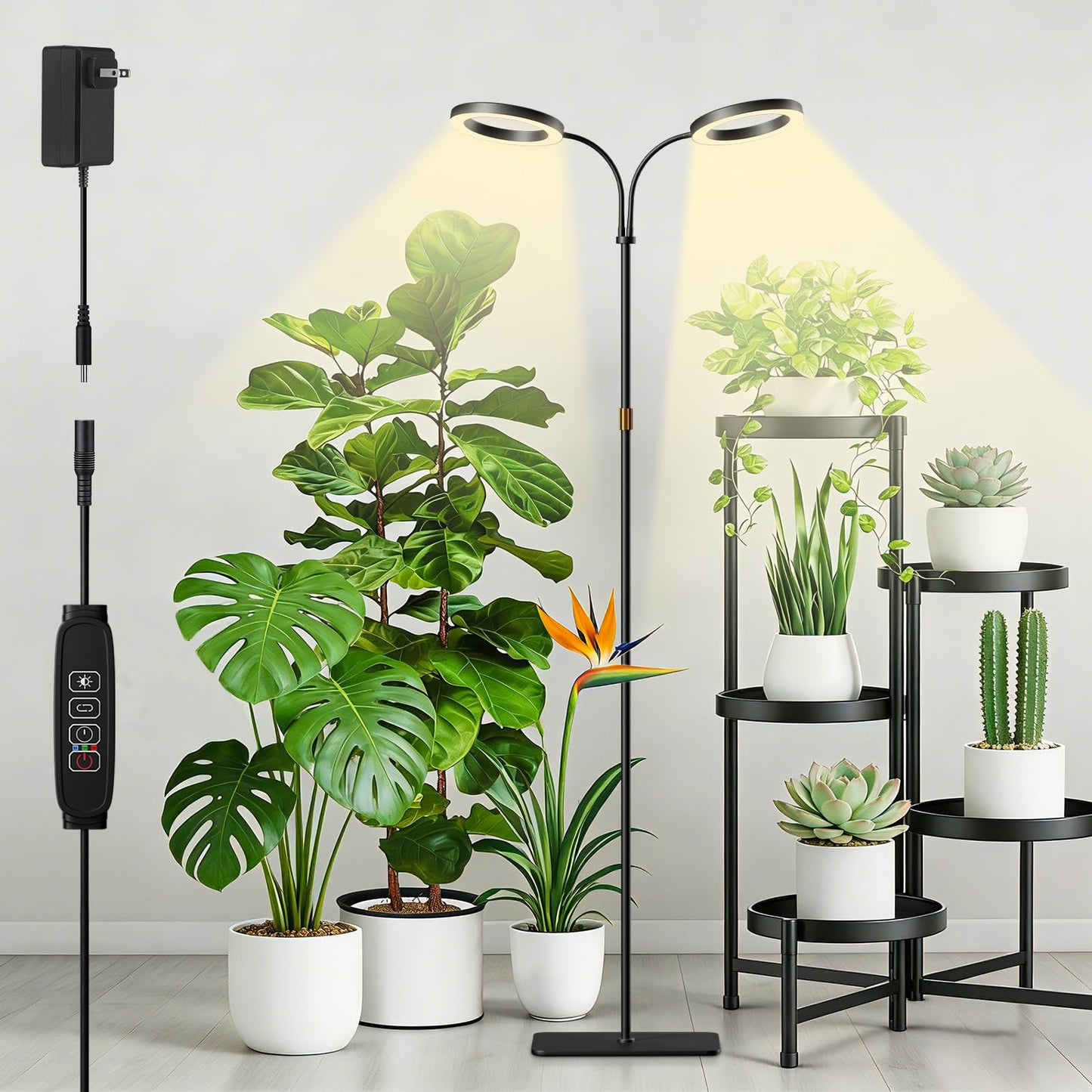 Grow Light with Stand for Indoor Plants, Dual Head Full Spectrum Floor Plant Light for Large Tall Plants, 16.5-68in Adjustable Height, 3/9/12H Timer, Dimmable, Modern Ring Grow Lamp for Home Décor