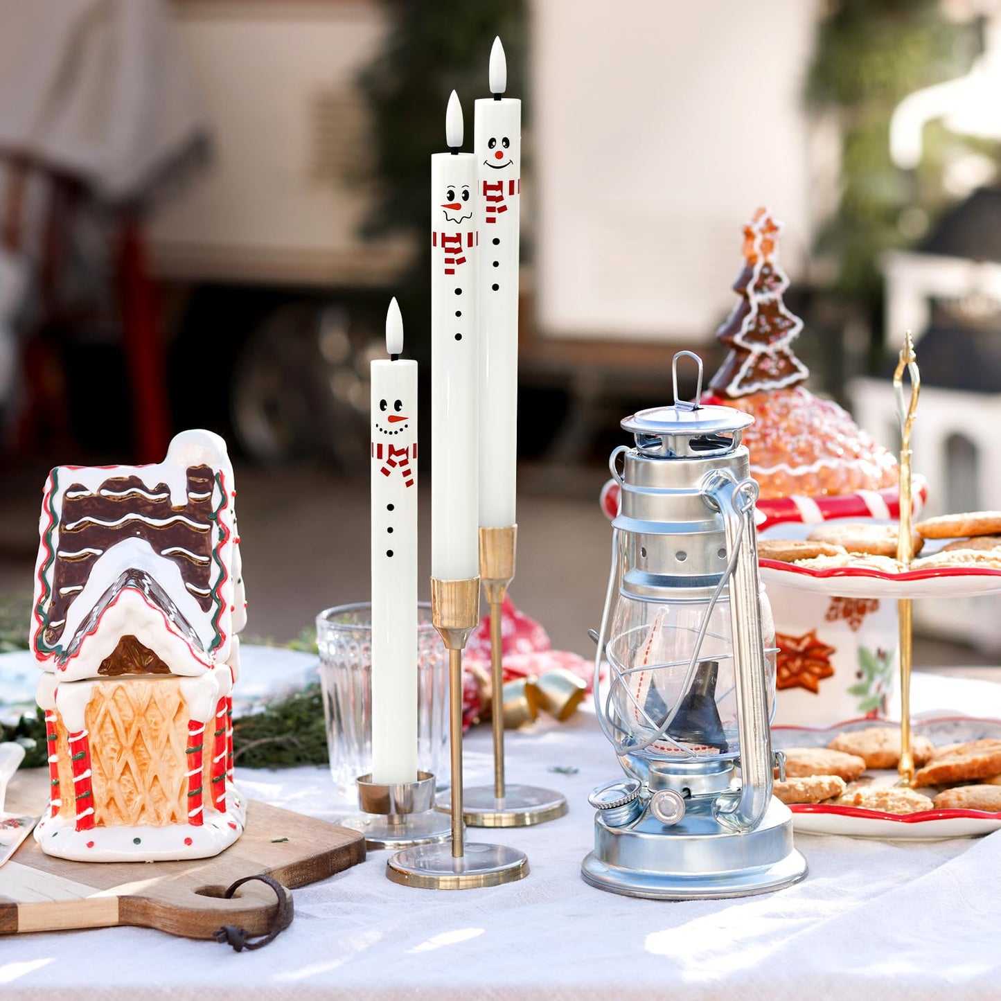 Whaline 6Pcs Winter Snowman Flameless Taper Candles with Remote Cute Christmas Battery Operated Flickering Candlesticks Electric LED Candle Boxed for Holiday Party Home Table Centerpiece Decor