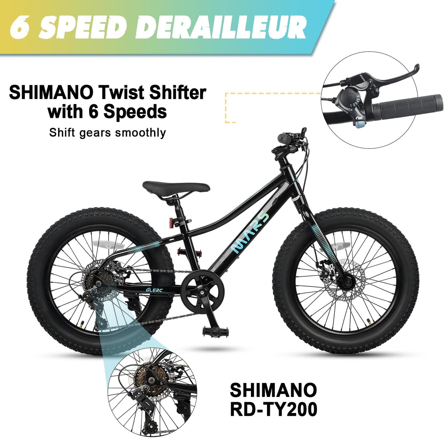 Glerc Mars Kids Mountain Bike, 20 Inch Fat Tire Bike for Teen Ages 6-12 Year Old, Bicycle with 2.8-Inch Wide Tires and 6 Speed Drivetrain, Black