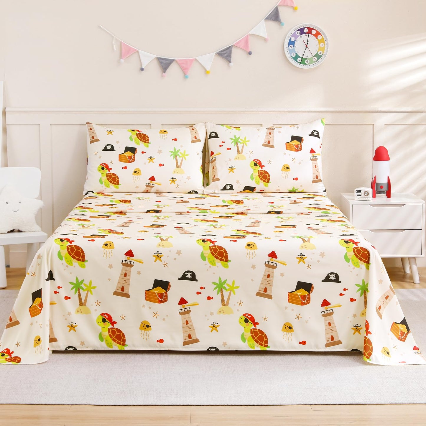 ChicView Queen Sheet Set Kids,4 Pieces Breathable Soft Microfiber Bedsheets for Child Boys Girls, Anti Pilling Deep Pockets Easy Care Bed Sheets, Turtle