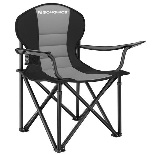 SONGMICS Folding Camping Chair, with Comfortable Sponge Seat, Cup Holder, Heavy Duty Structure, Max Load Capacity 551 lb, Outdoor Picnic Chair, Gray and Black UGCB006G01