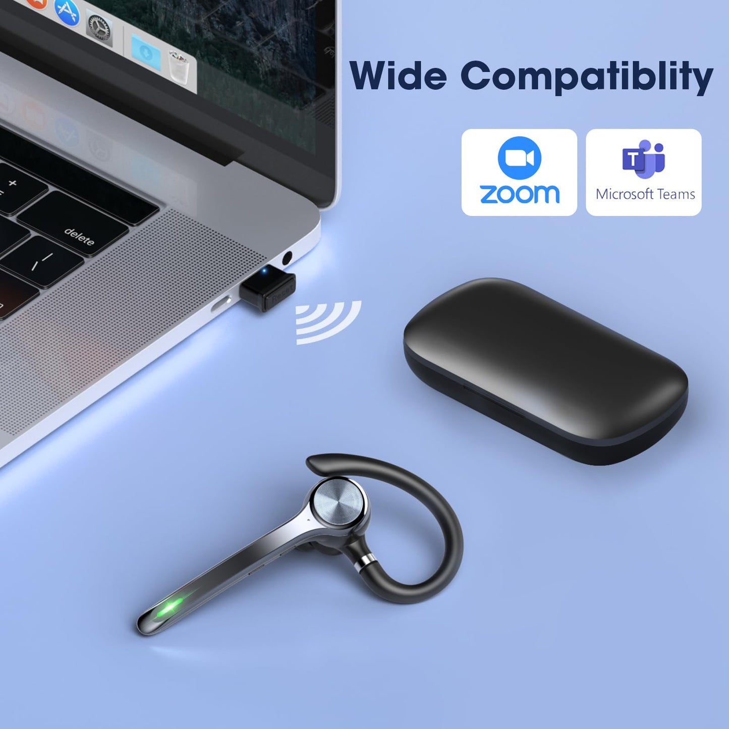 Ngsod Bluetooth Headset, Wireless Earpiece with Upgrade Noise Canceling Mic,500mAh Charging Case Support 72H Talking Time,Hand-Free Headphones with Mute Button for Computer Cell Phones Trucker Work