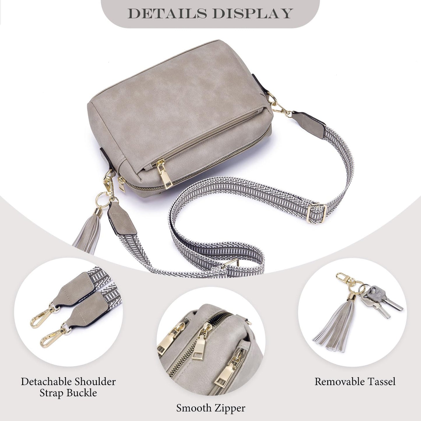 Roulens Triple Zip Small Crossbody Bag for women,Wide Strap Cell Phone Purse Shoulder Handbag Wallet with Credit Card Slots