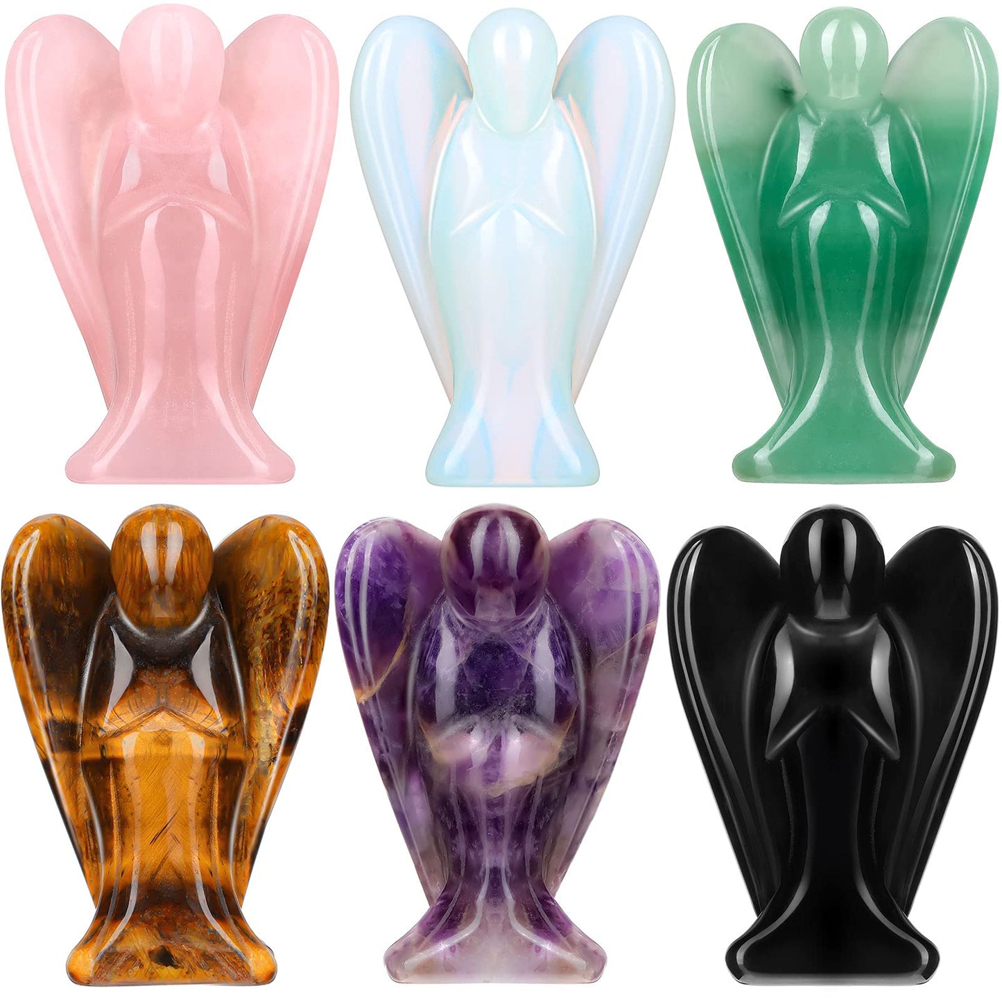 Hicarer 6 Pcs Small Crystal Angel Figurines Mini Guardian Statue Natural Gemstone Carved Pocket Crystal Figurines Stones Decor Gift Love Peace Healing(1.5 Inch,Bright Color)
