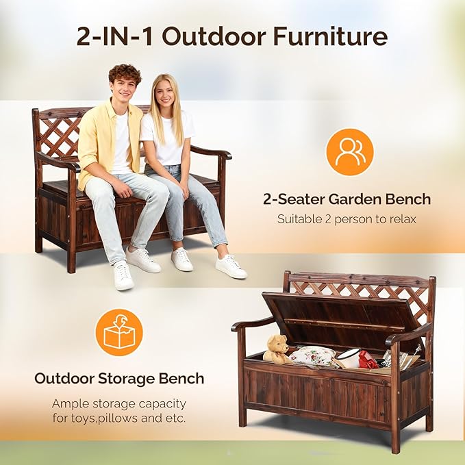 VINGLI Outdoor Storage Bench, Large Wood Deck Box with Seating, Weatherproof Outdoor Bench with Storage Loveseat, 2-Person Wooden Patio Bench for Entryway, Backyard, Garden