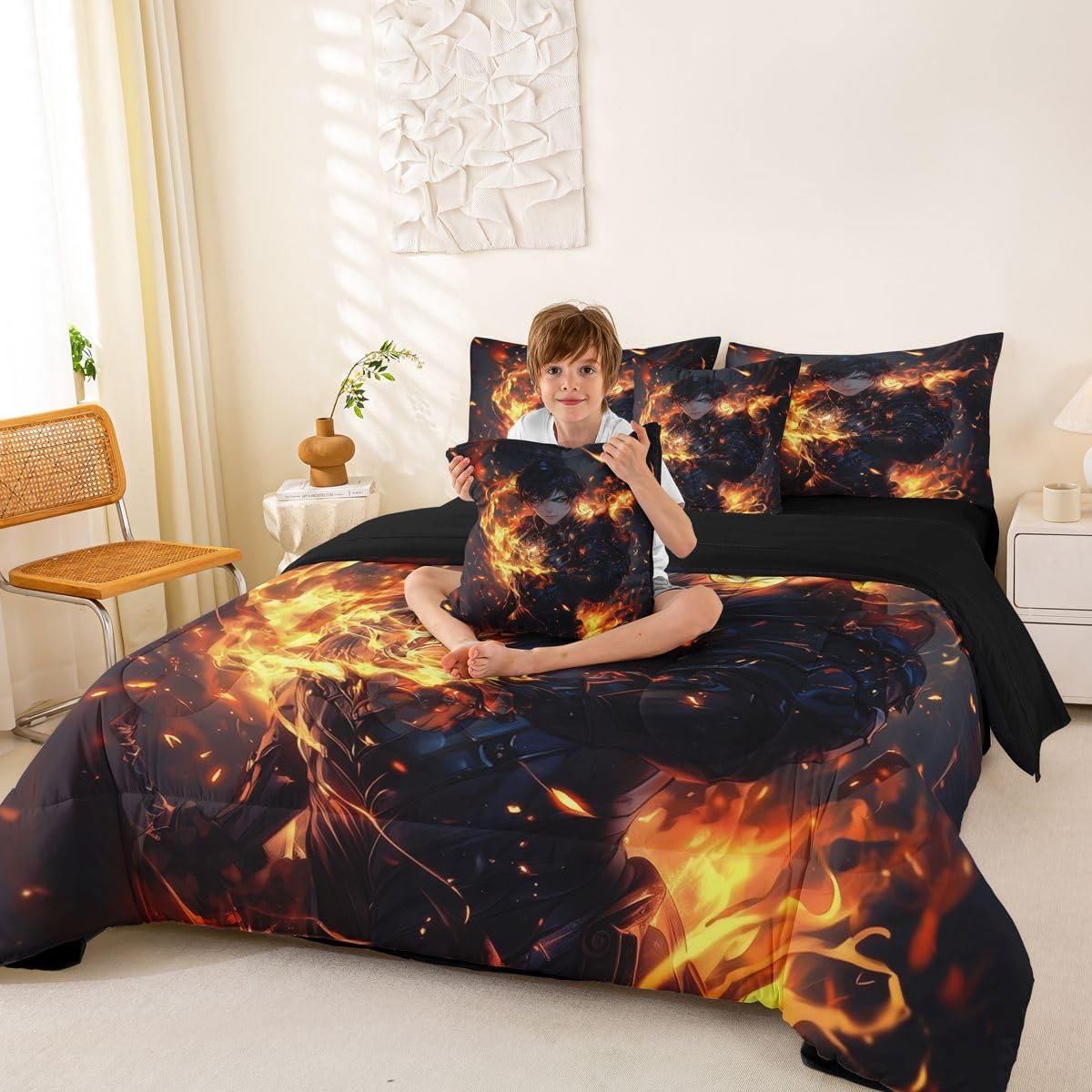 Erosebridal Japanese Anime Full Bedding Set,Anime Boy Comforter Set for Boys Kids Teens Gamer Gaming Room Decor,Video Game Style Bed Set 7 Piece with Fitted Sheet,Flat Sheet,Pillowcases