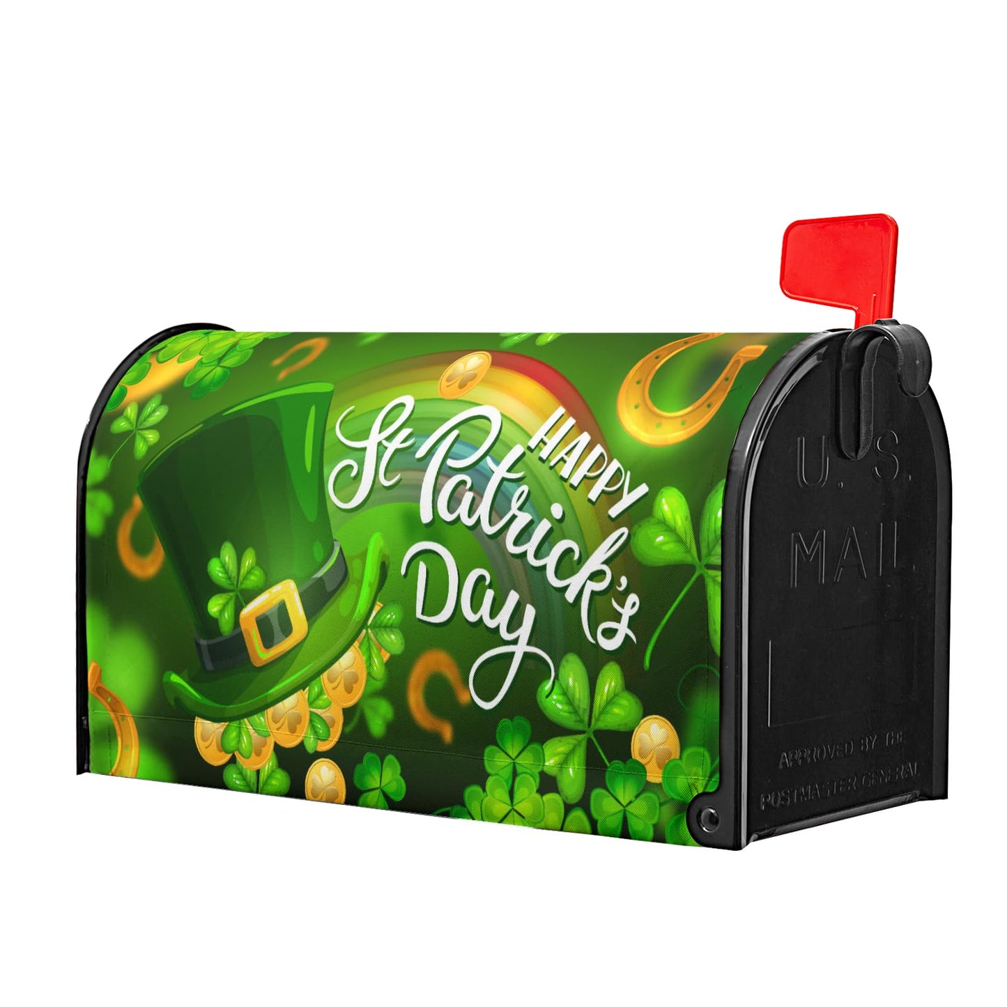 Happy St. Patrick's Day Shamrock Clovers Rainbow Green Hat Mailbox Cover - Magnetic, Standard Size 18" X 21"