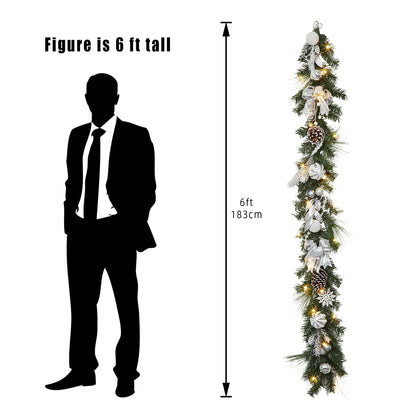 Adeeing Christmas Garland with Lights, 6 ft Pre-lit Silver White Christmas Garland with Ball Ornaments Pine Cones Berries Battery Operated Lights for Indoor Outdoor Fireplace Staircase Decoration