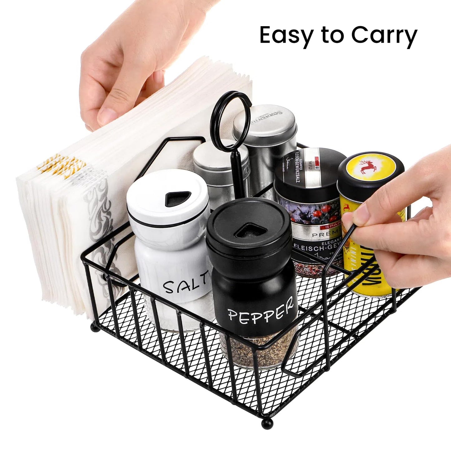 ZOOFOX Metal Napkin Holder with Salt and Pepper Shakers, 2-in-1 Condiment Holder for Table, 4 Compartment Restaurant Wrought Iron Condiment Rack for Party, Camping, Picnic