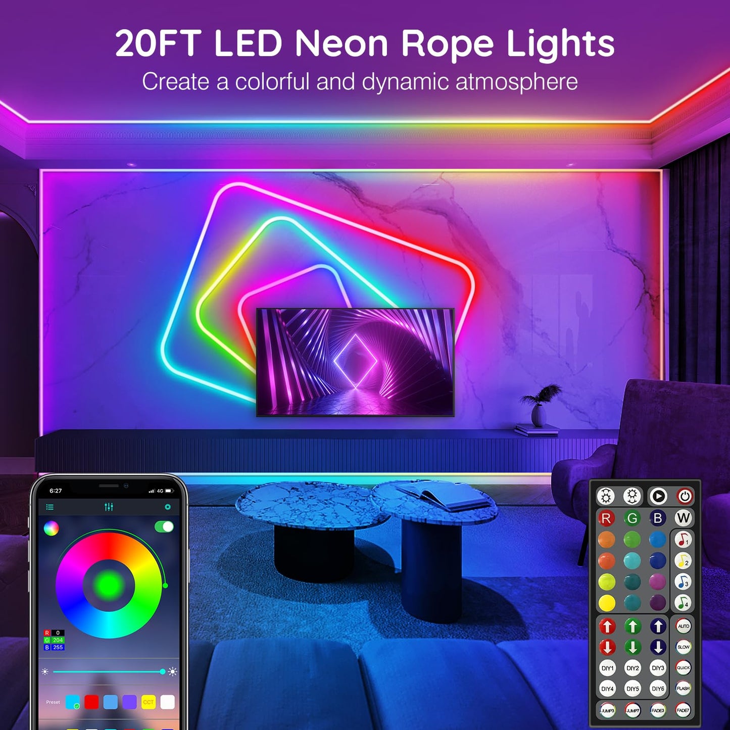 AILBTON 20Ft Neon Rope Lights,Flexible Led Rope Lights Control with App/Remote,Multiple Modes Music Sync Gaming RGB Led Neon Lights for Bedroom Outdoor