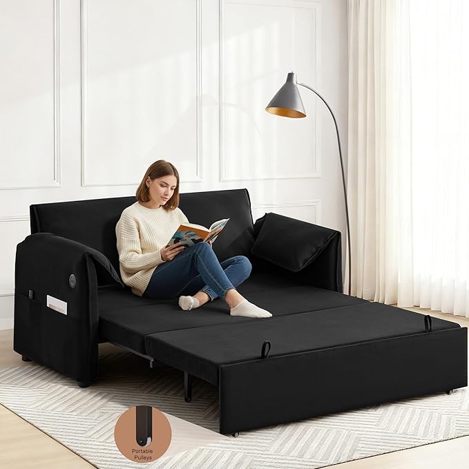 63" Velvet 3 in 1 Convertible Sleeper Sofa Bed, Pull Out Couch Bed Loveseat