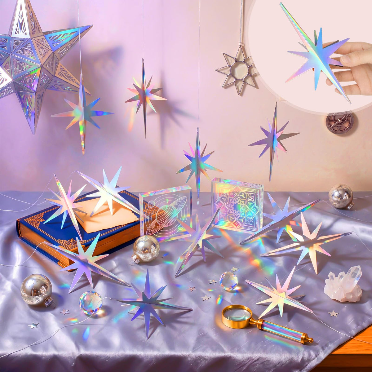 Novabright 16 Pcs Iridescent Hanging Star Party Decorations 3D Glittering Iridescent Explosion Star Ornaments 4.7" for Y2k Unicorn Disco Birthday Party Wall Ceiling Decor