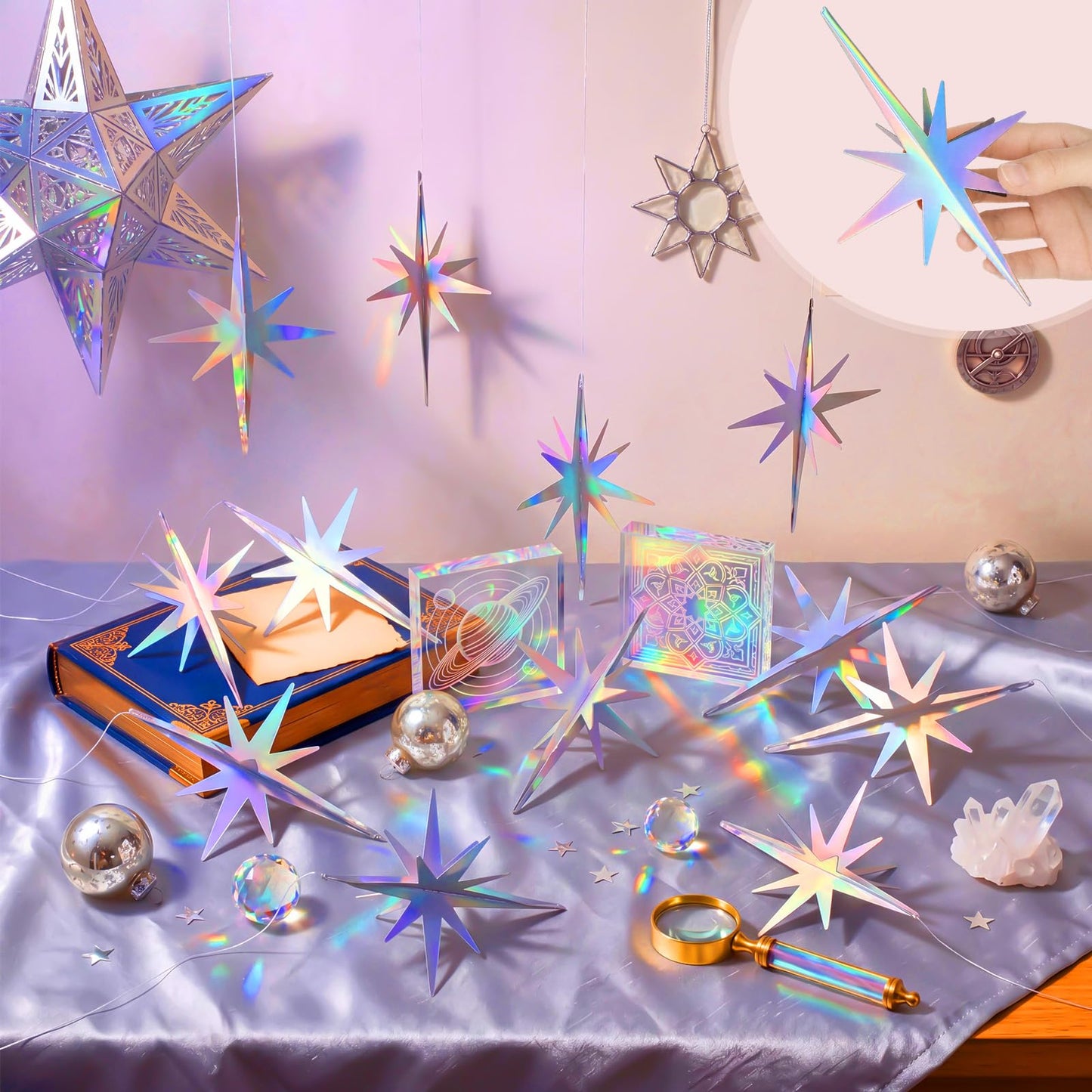 Novabright 16 Pcs Iridescent Hanging Star Party Decorations 3D Glittering Iridescent Explosion Star Ornaments 4.7" for Y2k Unicorn Disco Birthday Party Wall Ceiling Decor
