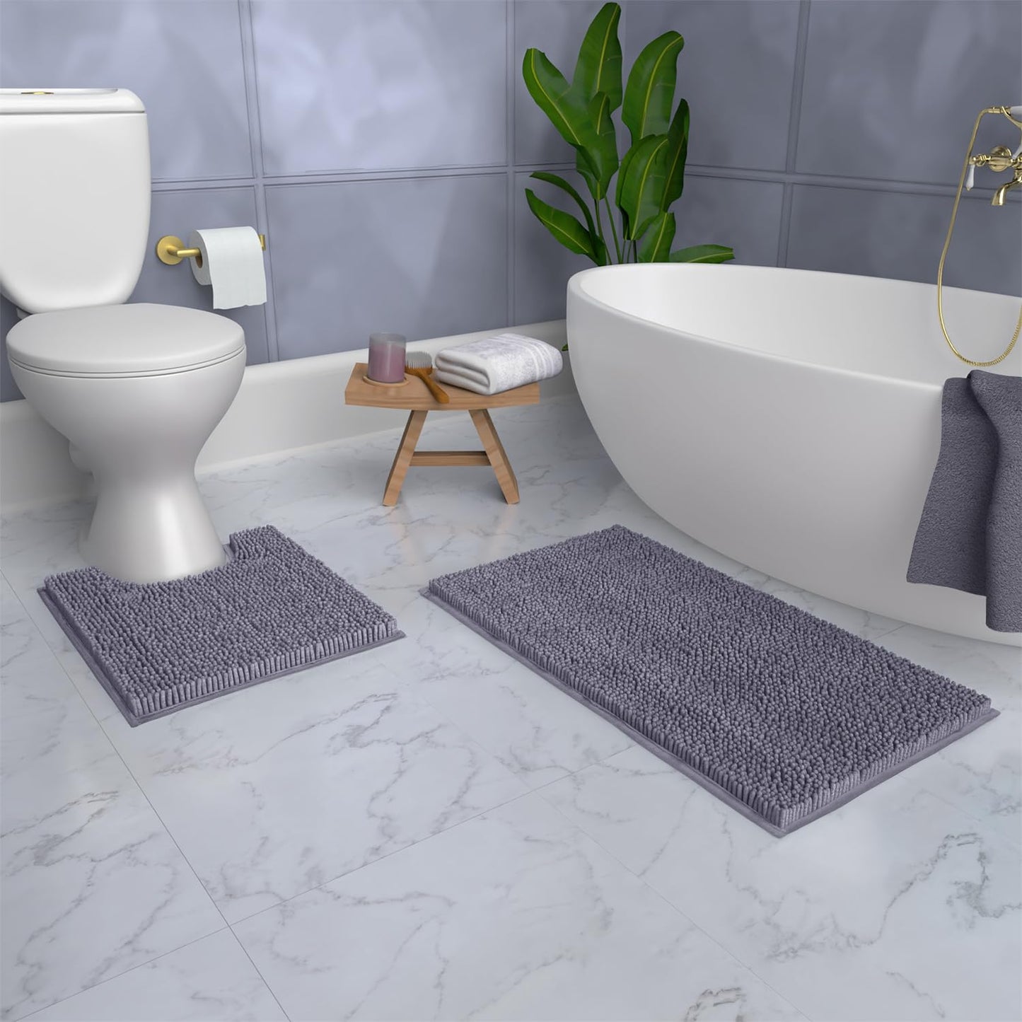 LuxUrux Bath Mat Set, Luxury Chenille (2-Piece) Soft Plush Anti-Slip Rug + Toilet Mat.1'' Microfiber Shaggy Carpet, Super Absorbent (Dark Grey, 80 x 50 cm + U Shaped 50 x 50 cm)