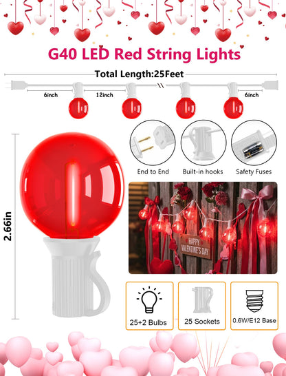 50Ft G40 LED Valentine's Day String Lights Outdoor, Valentines Decorations Lights with 27 Red Shatterproof Globe Bulbs, Hanging Patio Lights for Outside Wedding Backyard Porch Roofline, White Wire