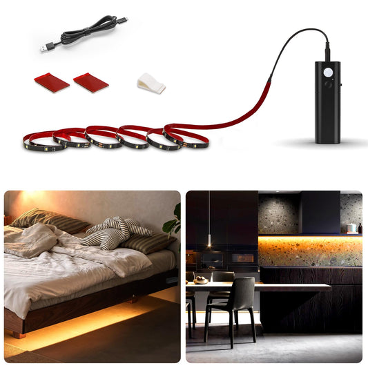 WOBANE - Motion Activated LED Strip Light, Rechargeable Magnetic Battery Box with 6.5ft LED Strip, Homelife 60 LED Sensor Bar Lights for Closet, Stair, Pantry, Countertop, Closet, Bed, Door, Warm