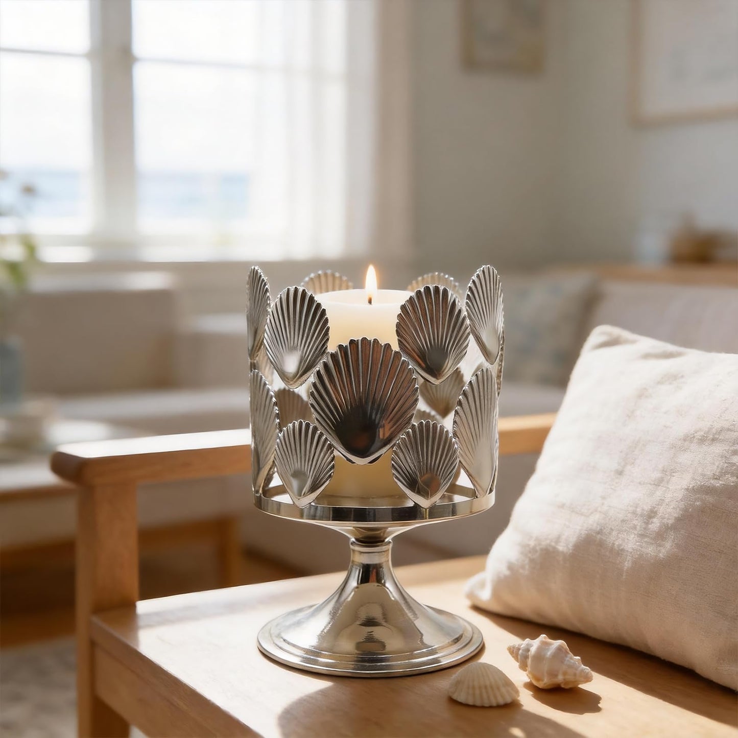 Silver Shell Pattern 3 Wick Candle Holder, Fits 4 Inch Diameter Jar Candles, 4.3" D x 5.9" H Decorative Candle Stand for Home, Living Room, Bedroom, Office & Gifting