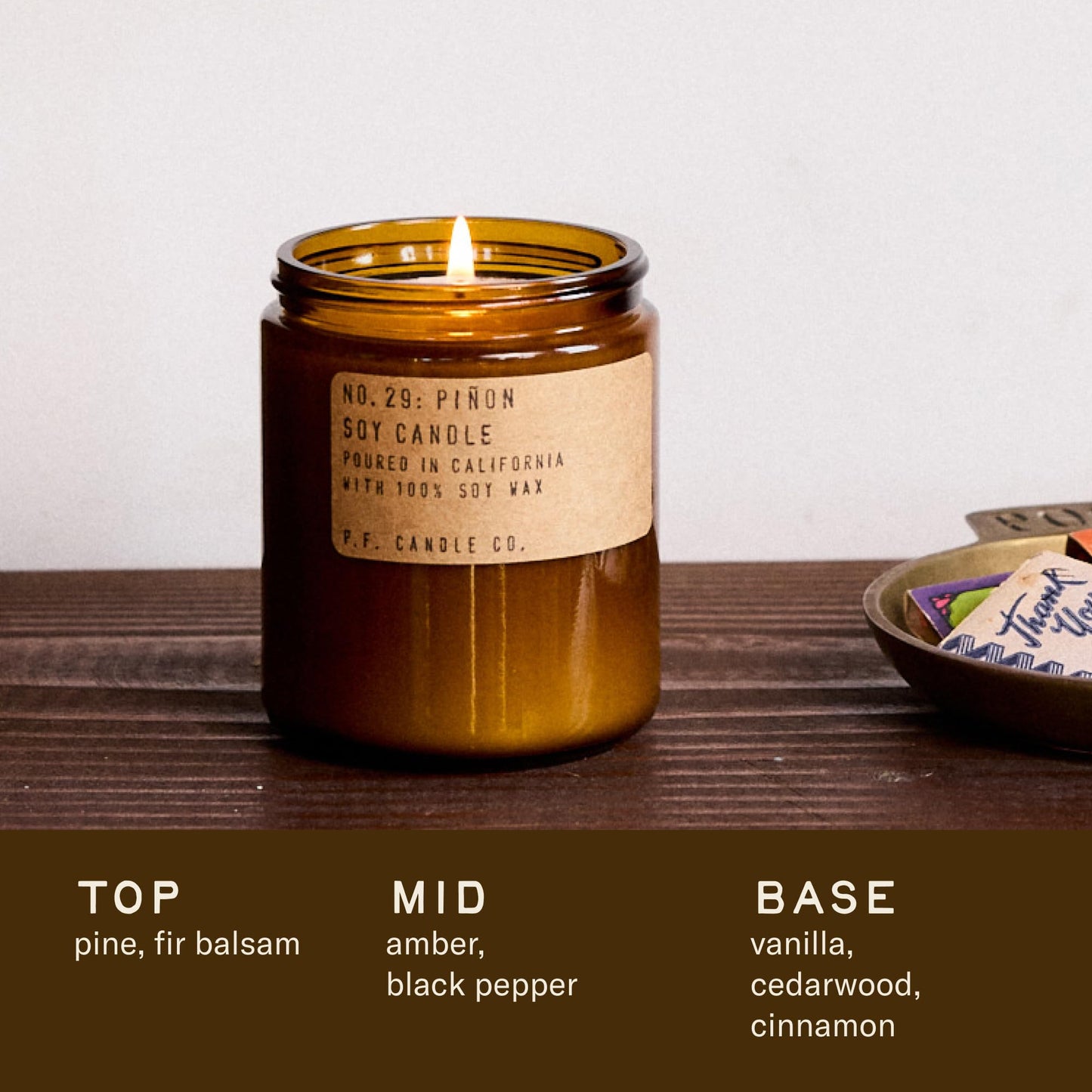 P.F. Candle Co. Piñon Classic Standard Scented Soy Wax Candle (7.2 oz) 40-50 Hour Burn Time, Amber Glass Jar, Made in The U.S.A.