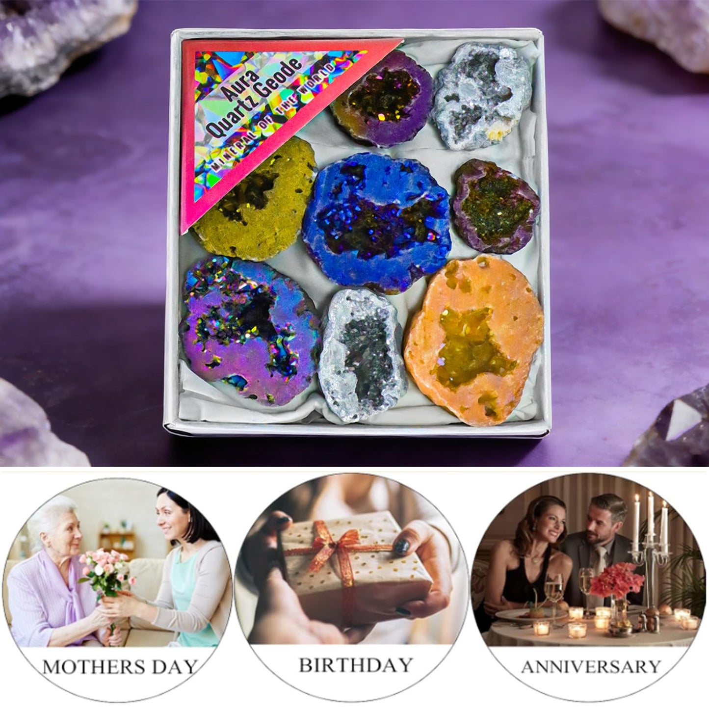 Titanium Coated Quartz Crystal Cluster Geode Druzy Stones Gemstones and Crystals Aura Collection Spiritual Reiki Gifts for Women Adults Meditation Paperweight Home Decor,9pcs in Box