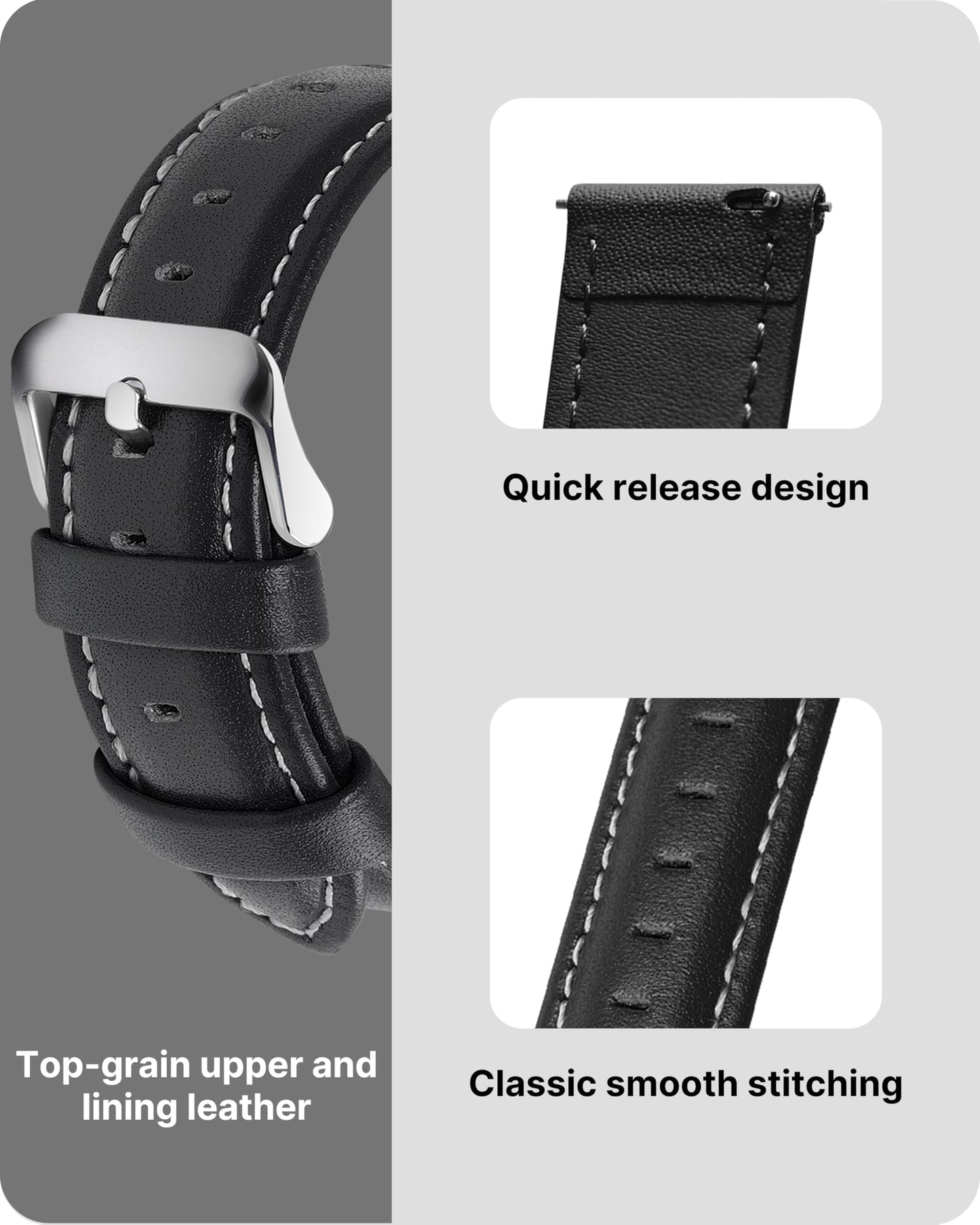 Fullmosa Watch Strap, Genuine Leather Watch Straps with Stainless Metal Clasp, Quick Release Replacement Bands, 14mm 16mm 18mm 19mm 20mm 22mm 24mm, Black