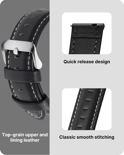 Fullmosa Watch Strap, Genuine Leather Watch Straps with Stainless Metal Clasp, Quick Release Replacement Bands, 14mm 16mm 18mm 19mm 20mm 22mm 24mm, Black