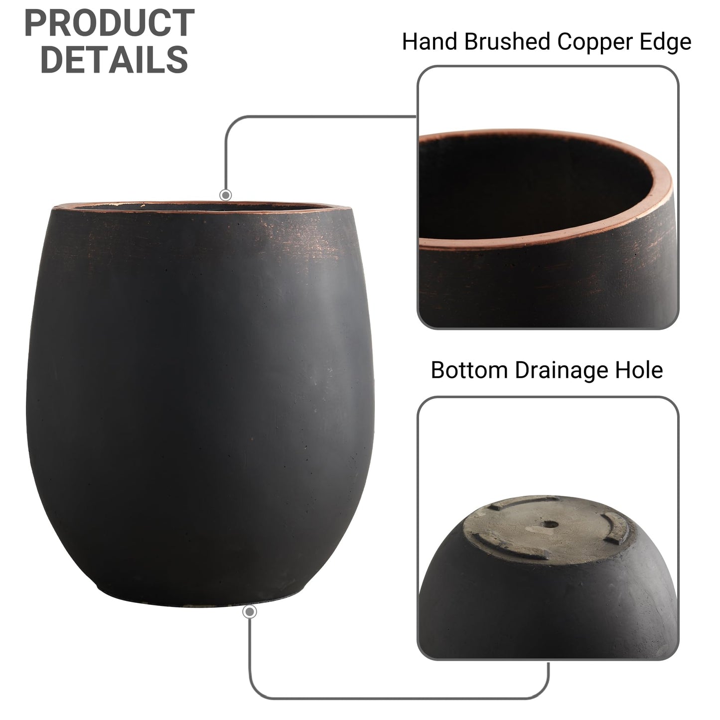 Wallowa 17.7"+13.3"+9.5" Dia Round Concrete Planter Set of 3, Large Outdoor Planter, Black with Gold Rim, Flower Pots with Drainage Holes for Garden, Patio, Home, Office