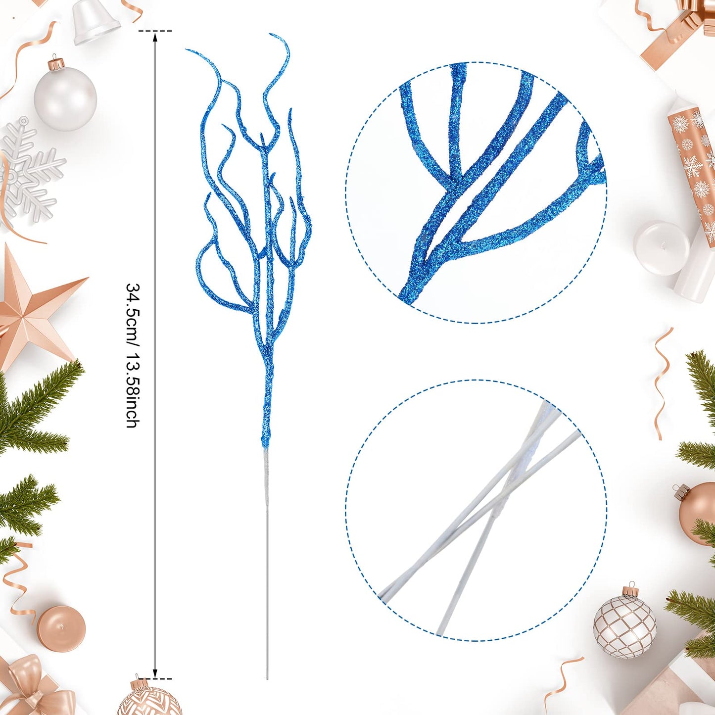 Jutom 30 Pcs Glitter Christmas Tree Pick 13.7 x 2.7 Inch Curly Tall Tree Filler Branches Sprigs and Twigs Decorations for Christmas Vase Xmas Gift Wedding Decoration(Blue)