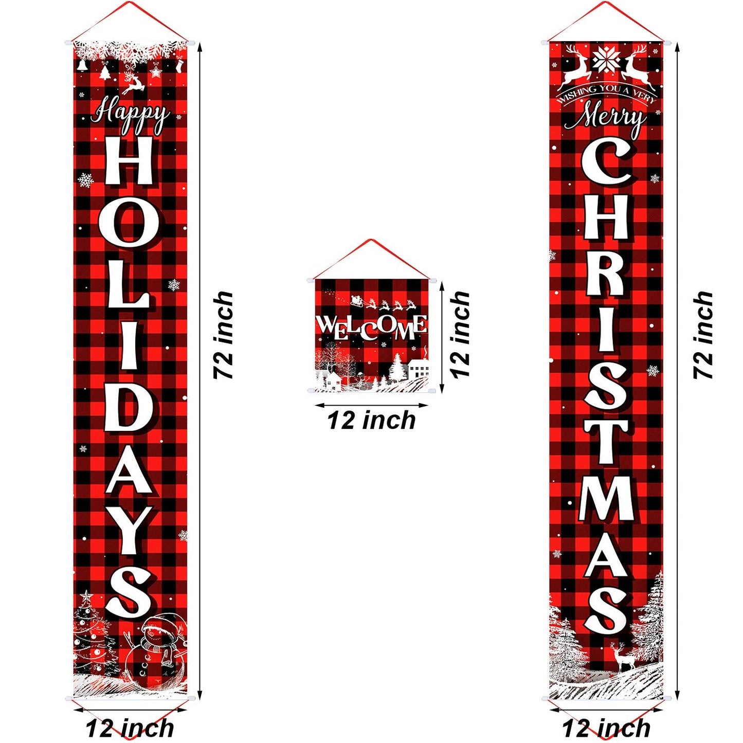 Boao 3 Pieces Christmas Plaid Porch Sign Merry Christmas Banner Happy Holidays Banner Welcome Banner Front Door Hanging Sign for Christmas Home Wall Indoor Outdoor Decoration