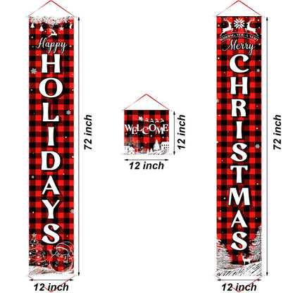 Boao 3 Pieces Christmas Plaid Porch Sign Merry Christmas Banner Happy Holidays Banner Welcome Banner Front Door Hanging Sign for Christmas Home Wall Indoor Outdoor Decoration