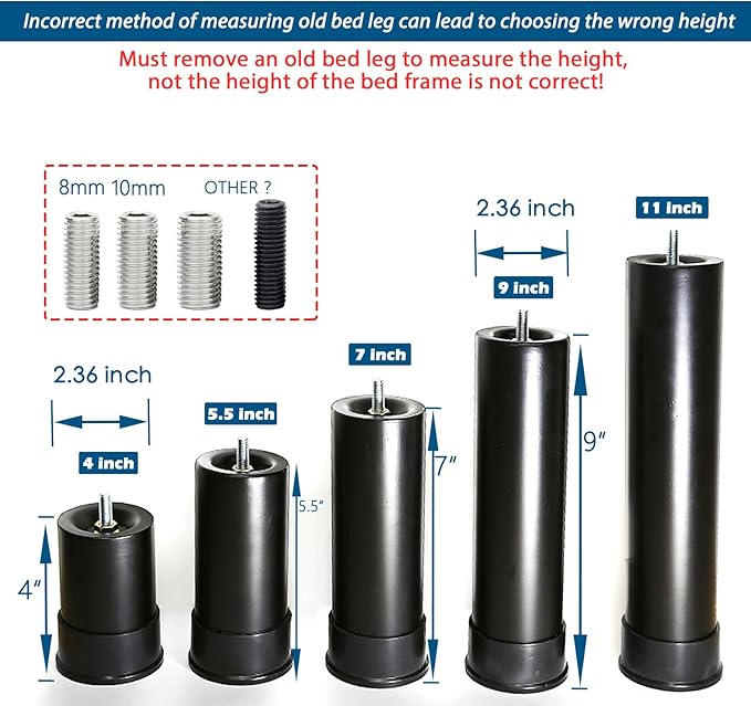 4 Inch Metal Adjustable Bed Base Frame Leg Replacement Heavy Duty Extra Height