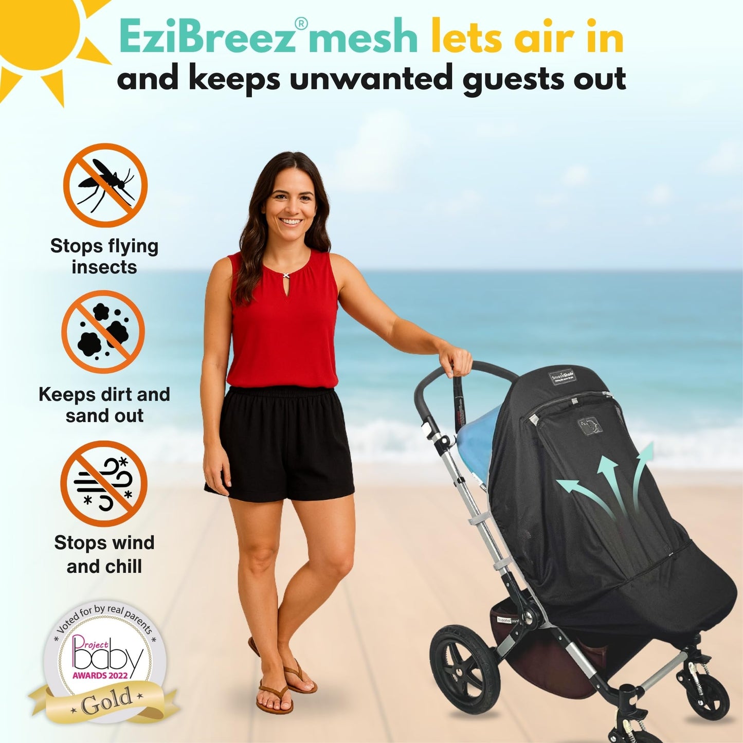 SnoozeShade Plus Extra Pram and Stroller Sun Shade Cover Blocks 99% UV UPF50+ Baby Sleep Aid and Breathable Blackout Canopy for Pushchairs Buggies and Travel Strollers