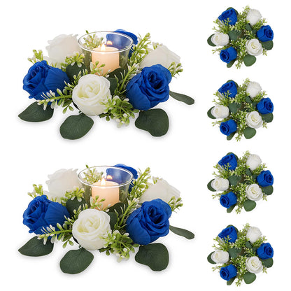 NUPTIO Small Wreath for Table Centerpieces: 9.05 Inch Royal Blue & White Flower Candle Rings for Wedding Party Christmas - Rose Wreaths for Spring Summer Front Door Porch Decor 6 Pcs