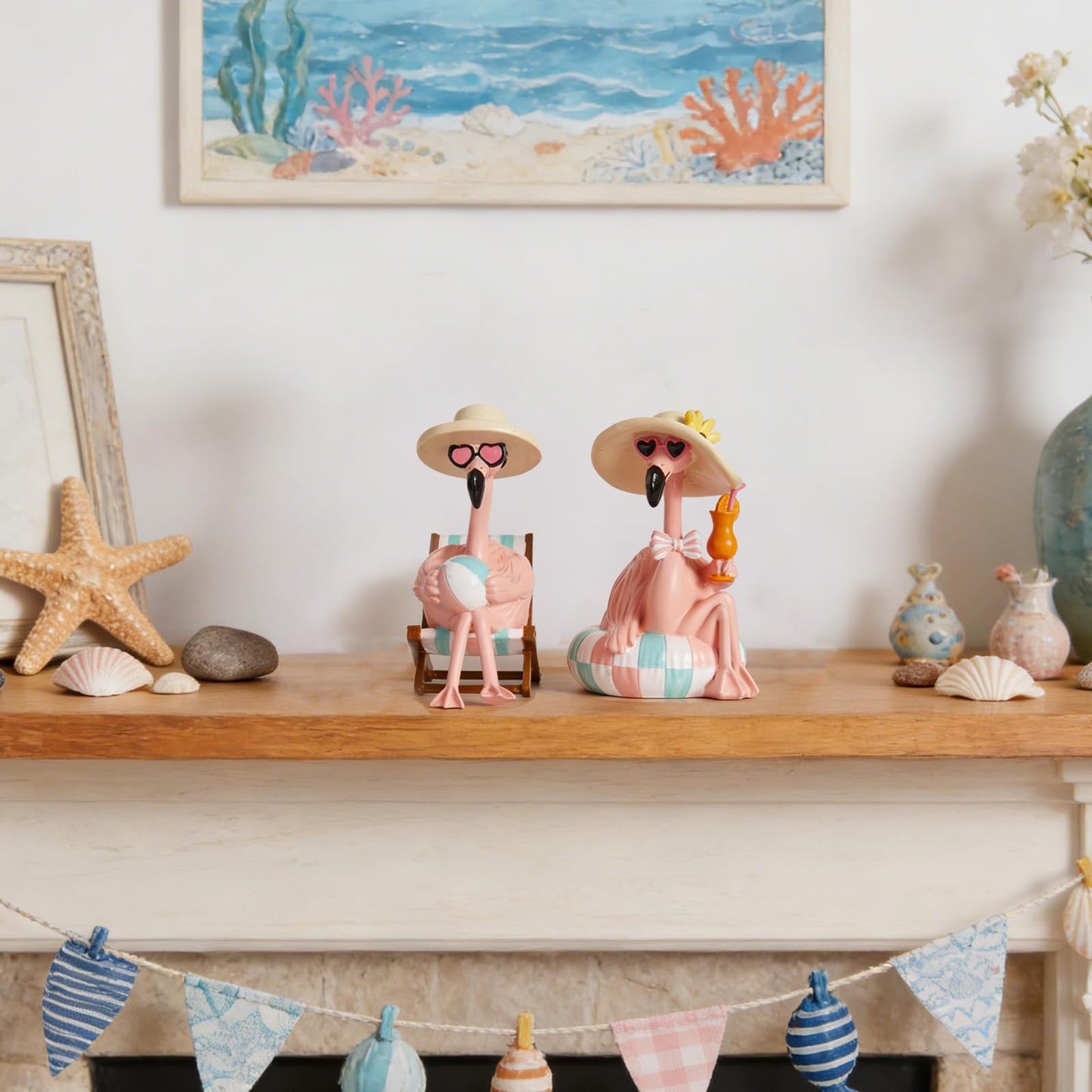 WDS WONDROUS Flamingo Figurines 2Pcs, Summer Beach Decor, Pink Resin Statues with Pool Float & Beach Chair, Tropical Vacation Tabletop Gifts for Women Desk Holiday Decoration