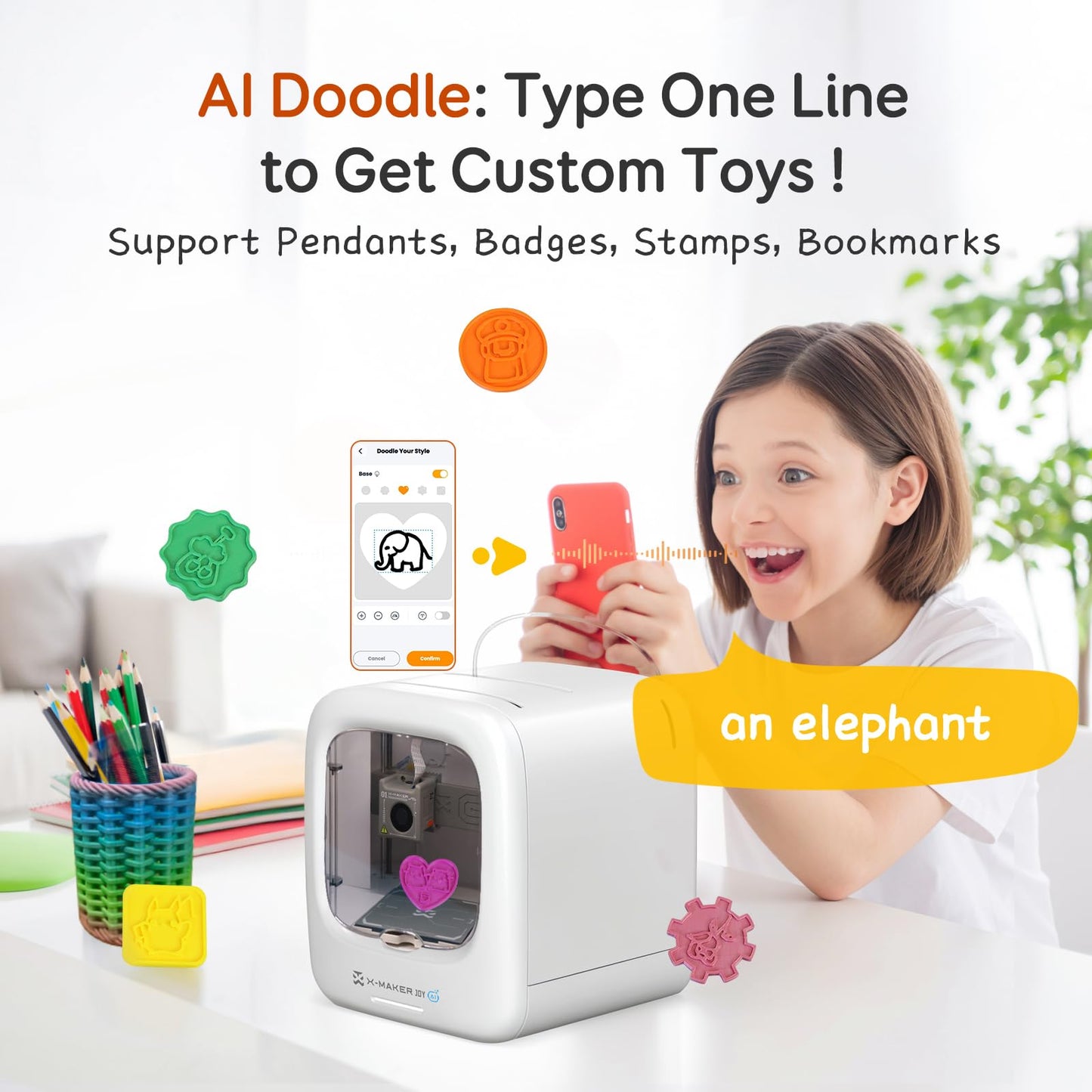 AOSEED AI-Powered 3D Printer for Kids, 3D Printer with 8 PLA Filament Set, AI Design App, Huge Toy Library, Up to 400mm/s Faster Speed, W/ 16+ Mini 3D Design Module, App Control, X-Maker Joy AI+