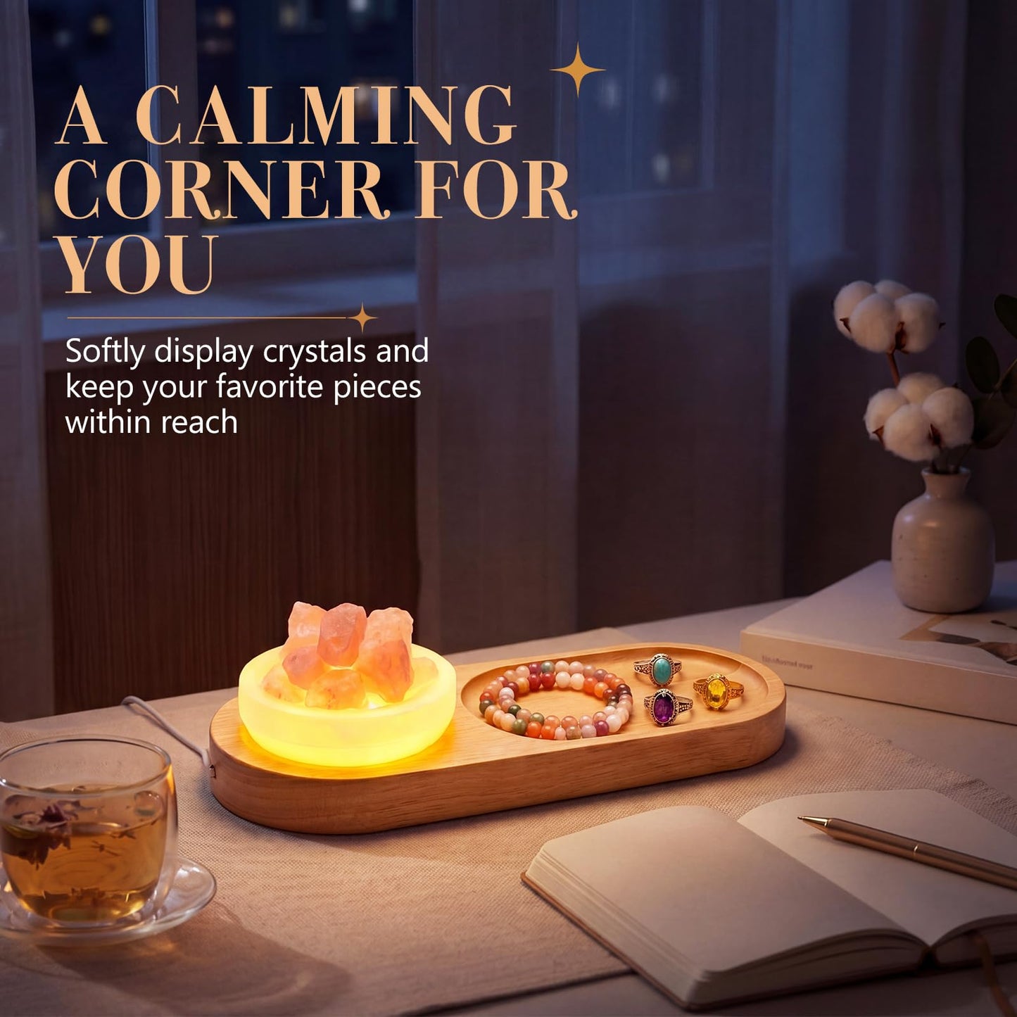 Hushee Light up Wood Jewelry Tray Crystal Holder Set of 3 - Selenite Charging Bowl & Natural Raw Rose Quartz Stone Aesthetic Room Decor for Jewelry Storage, Meditation, Ideal Gift for Women