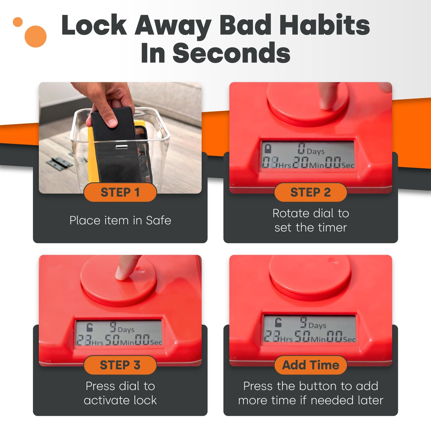 Kitchen Safe Time Locking Container (Medium), Timed Lock Box for Cell Phones, Snacks, and other unwanted temptations (Red Lid + 5.5” White Base)