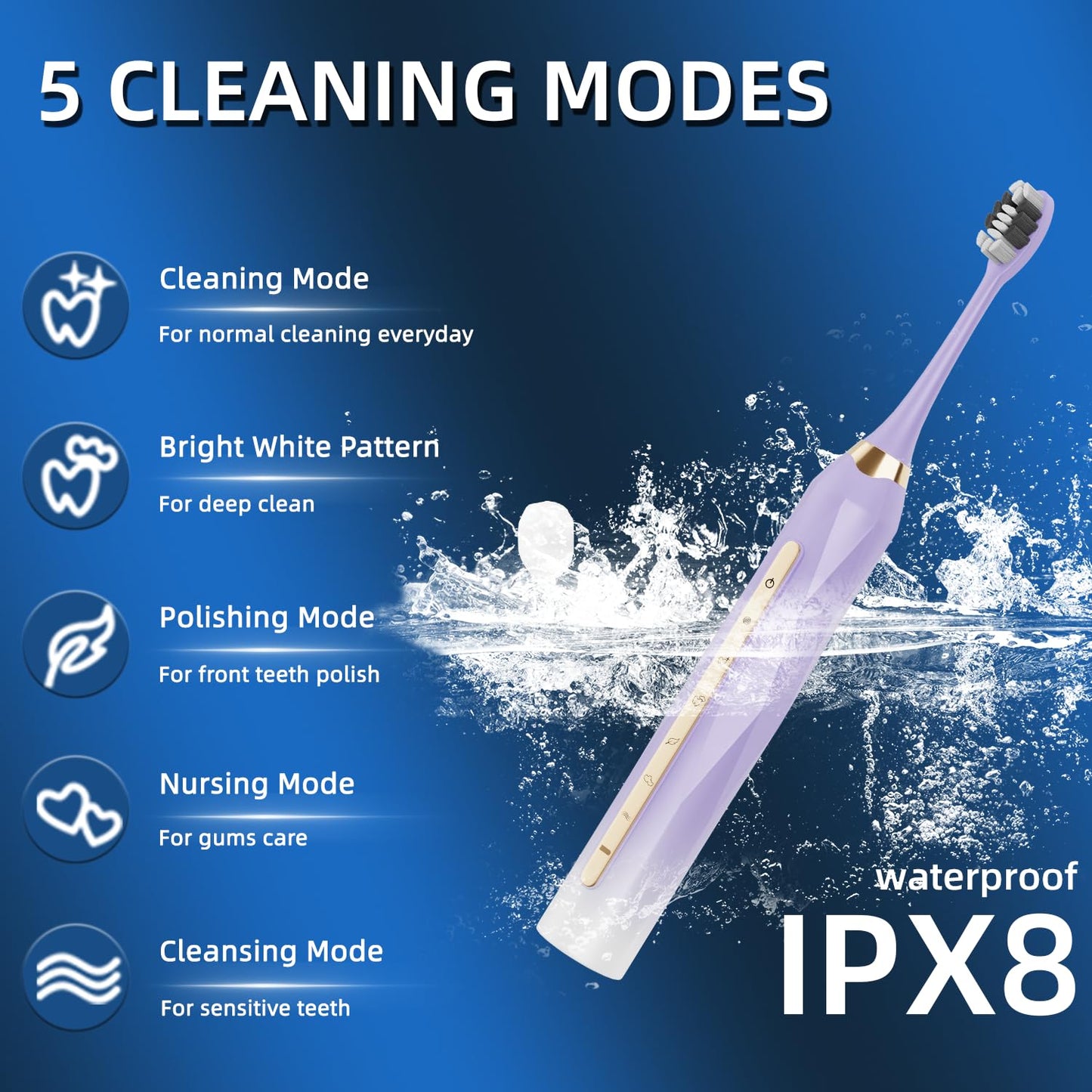 Adult Sonic Electric Toothbrush, USB Rechargeable Sonic Toothbrush, with 12 Brush Heads, 5 Modes, Equipped with Cleaning Brush, Brushing and Washing Two in one