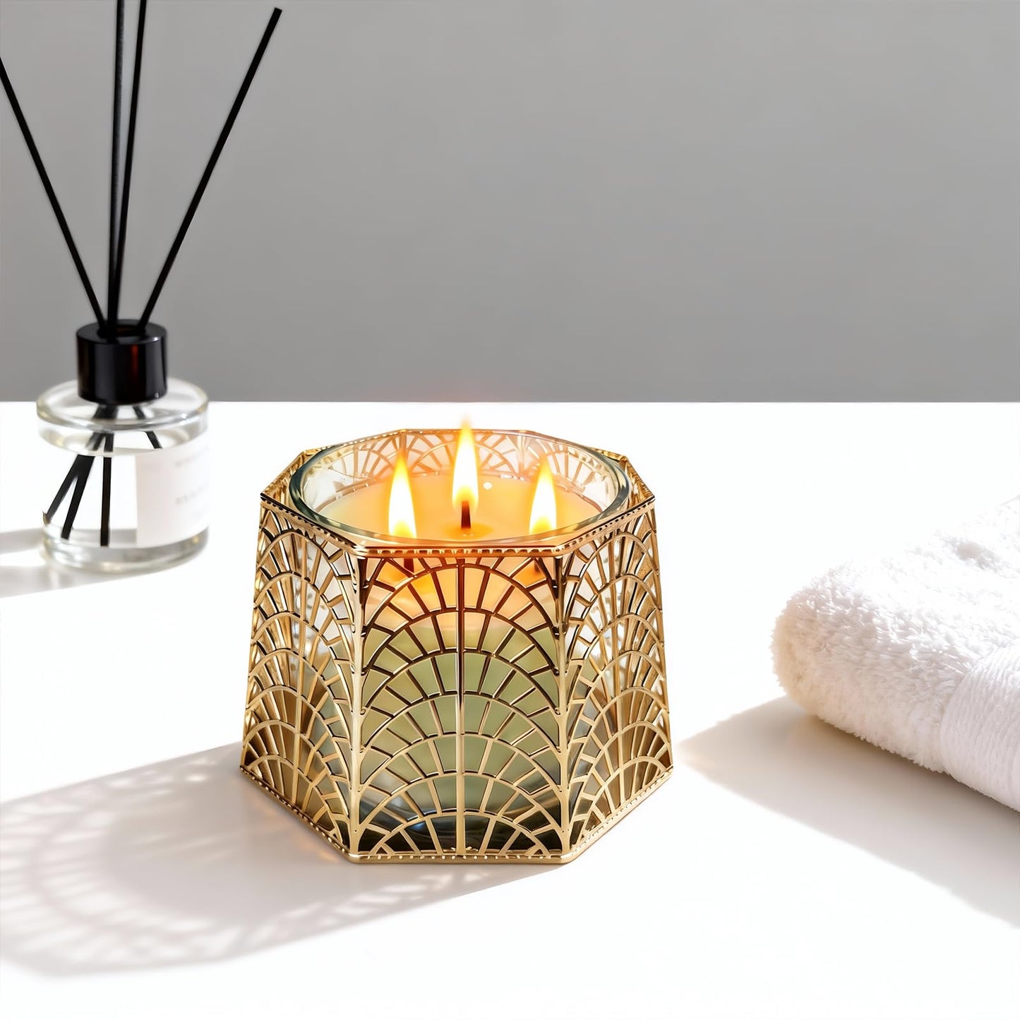 Dorephine 3 Wick Candle Holder, Golden Shell Design Candle Jar Holder for 4-Inch Diameter Jars (5.25" D x 3.5" H) (Golden)