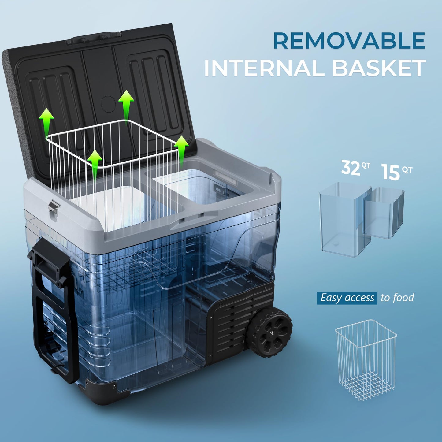 EUHOMY 12 Volt Refrigerator, 47QT(45L) Dual Zone Electric Cooler, Portable Freezer 12V/24V DC 110-240V AC, 12V Fridge -4℉~68℉, 12V Cooler with Wheels & Basket for Travel, Truck, Camping, Boat