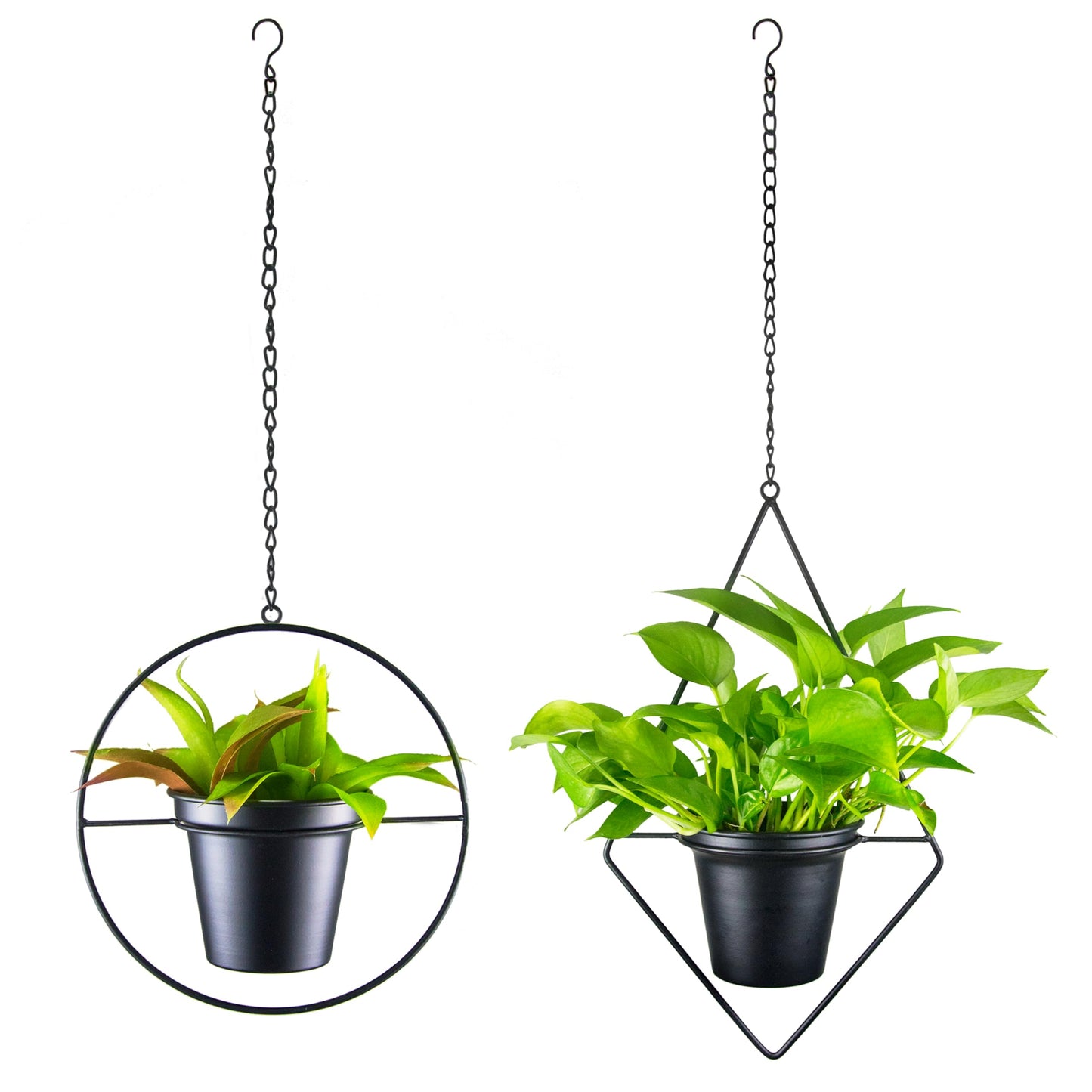Modern Metal Hanging Planters Set of 2 - Round and Diamond Geometric Plant Hangers with 5 Inch Pots - Black Wall and Ceiling Mount Flower Holders for Indoor Houseplants, Boho Home Décor