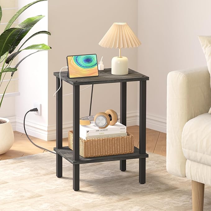 TUTOTAK End Table with Charging Station, Small Side Table, Nightstand Bedside